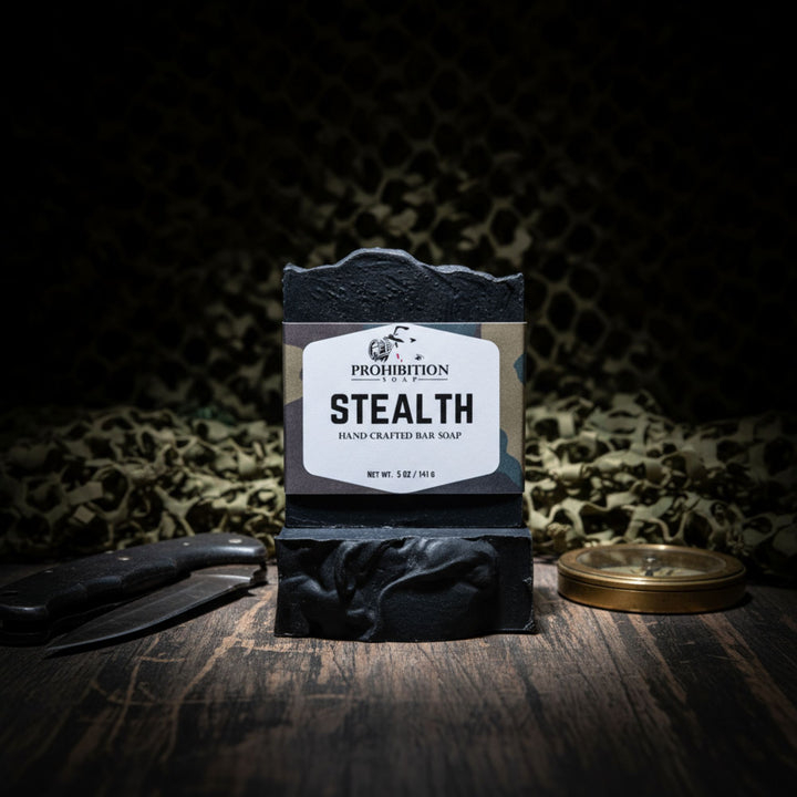 Bar of soap with 'Stealth' label on a dark background