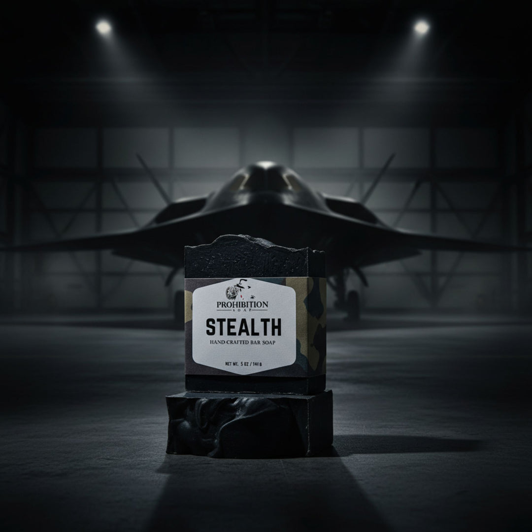 Bar of soap labeled 'Stealth' with a fighter jet in the background