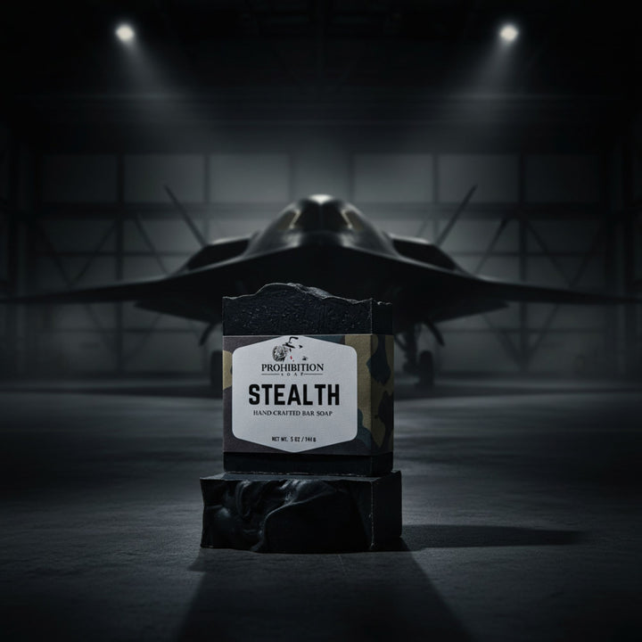 Bar of soap labeled 'Stealth' with a fighter jet in the background