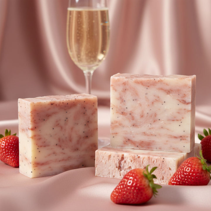Three bars of strawberry-scented soap with a glass of champagne and strawberries on a pink background