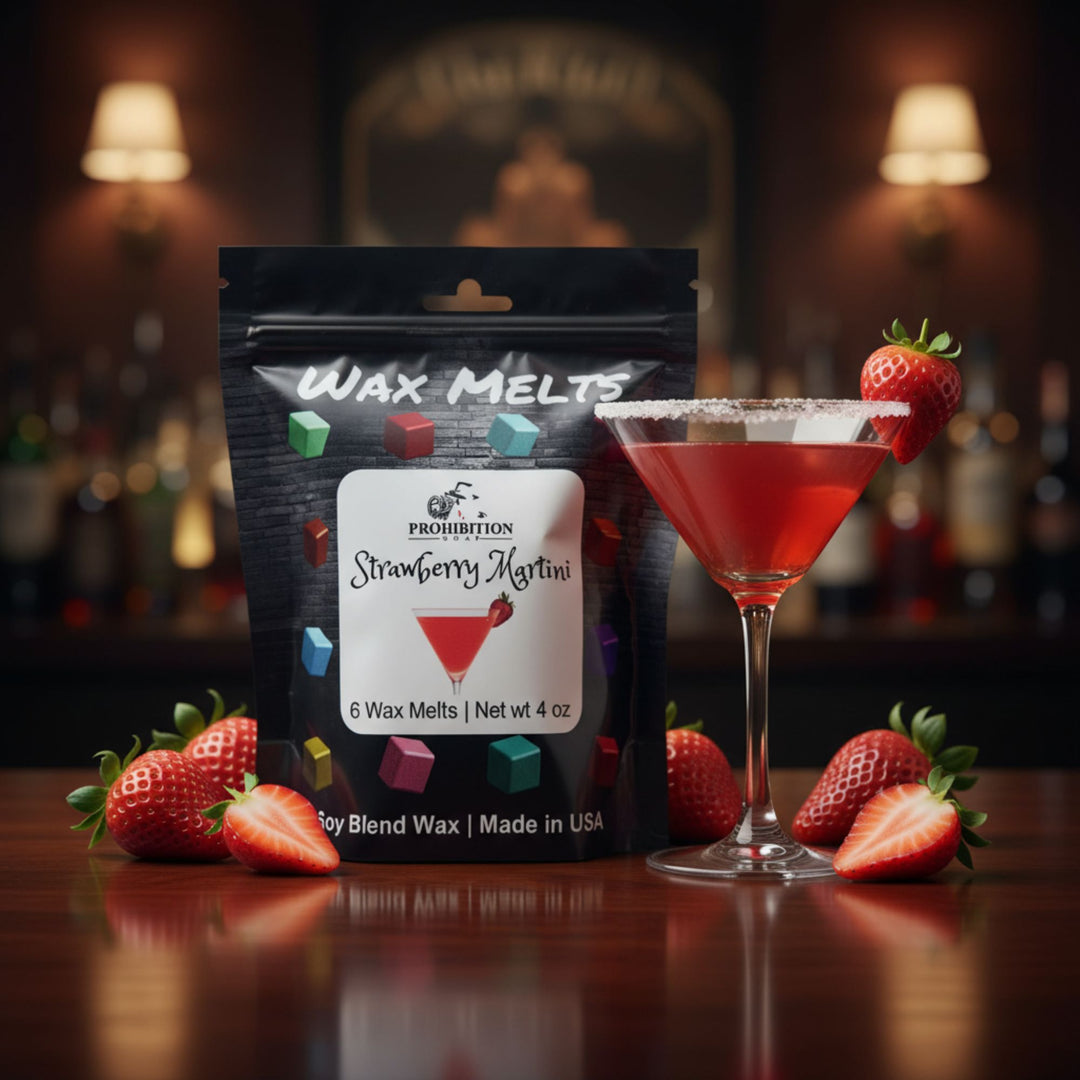 Packaging of Strawberry Martini wax melts with a cocktail and strawberries on a bar setting