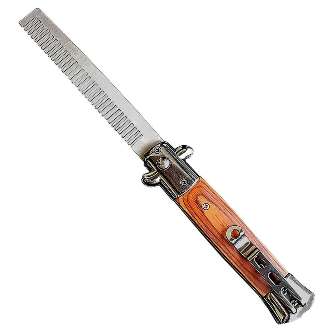 Folding beard comb with wooden handle on a white background