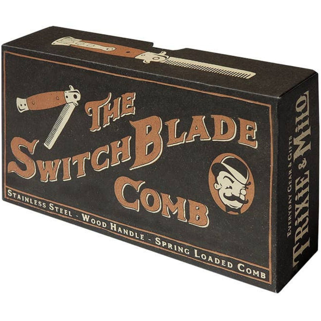 Box of 'The SwitchBlade Comb' with vintage design elements.