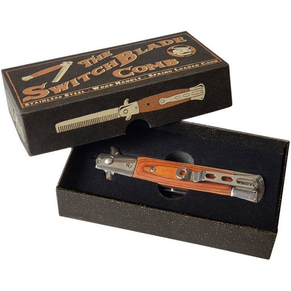 Switchblade comb with wooden handle in open packaging