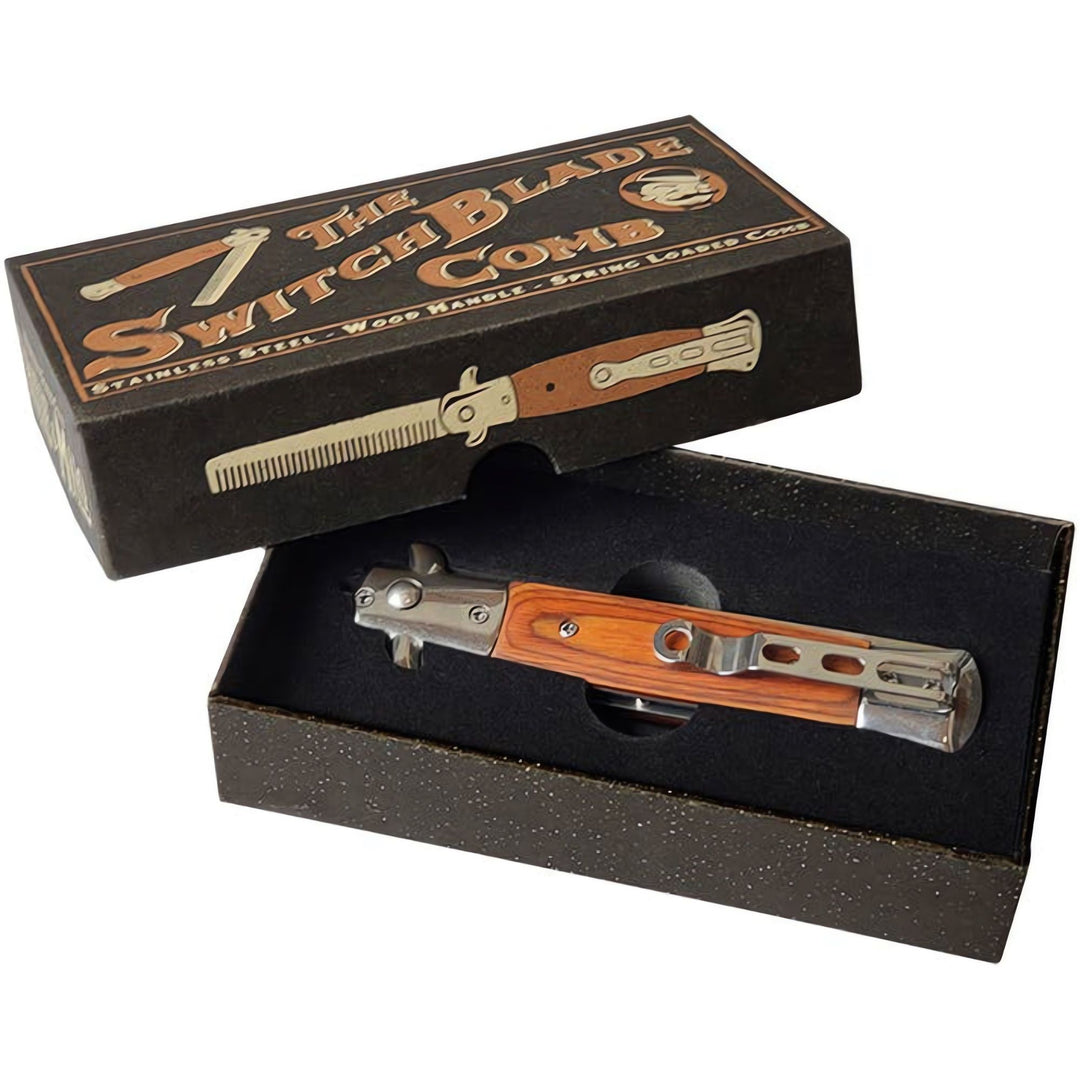 Switchblade comb in a black box with 'The Switchblade Comb' branding.