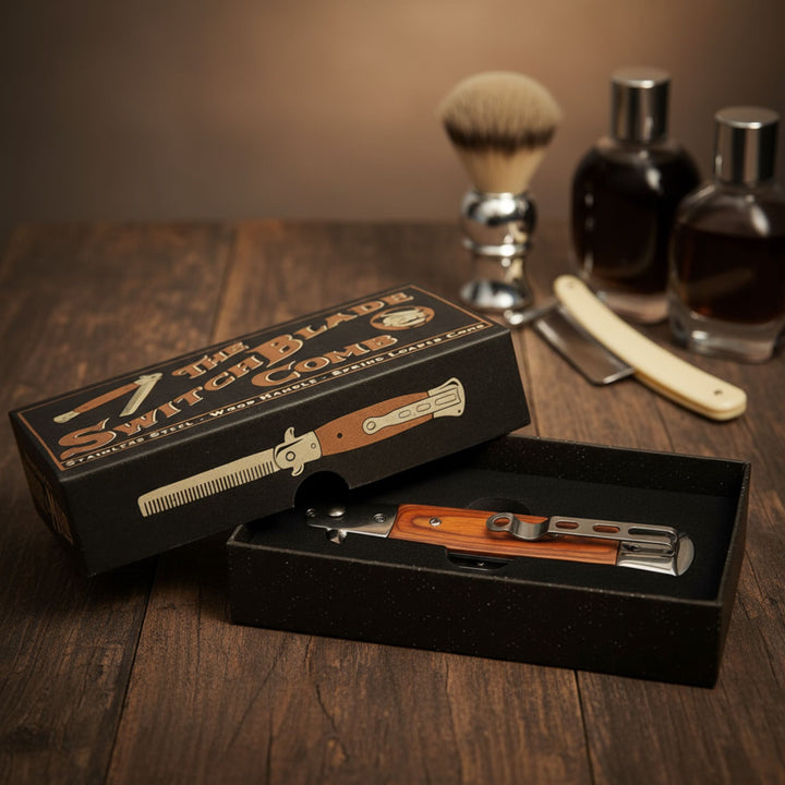 Shaving set with switchblade, brush, and bottles on a wooden surface