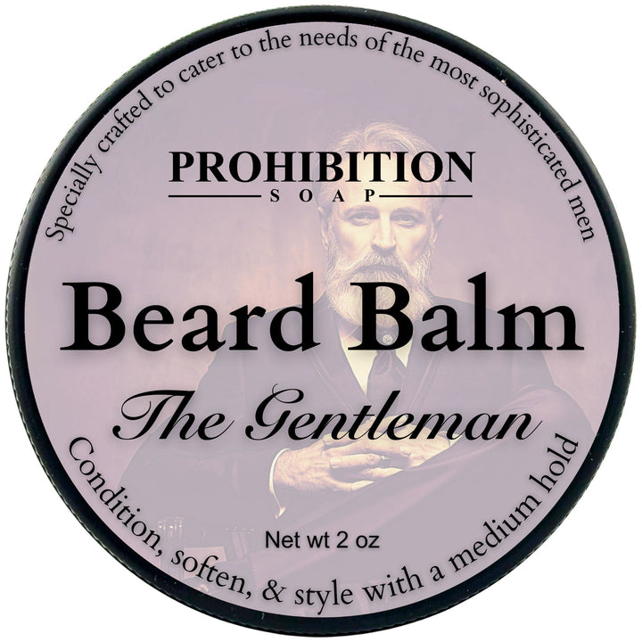 Prohibition Soap Beard Balm container with a man's face on a white background