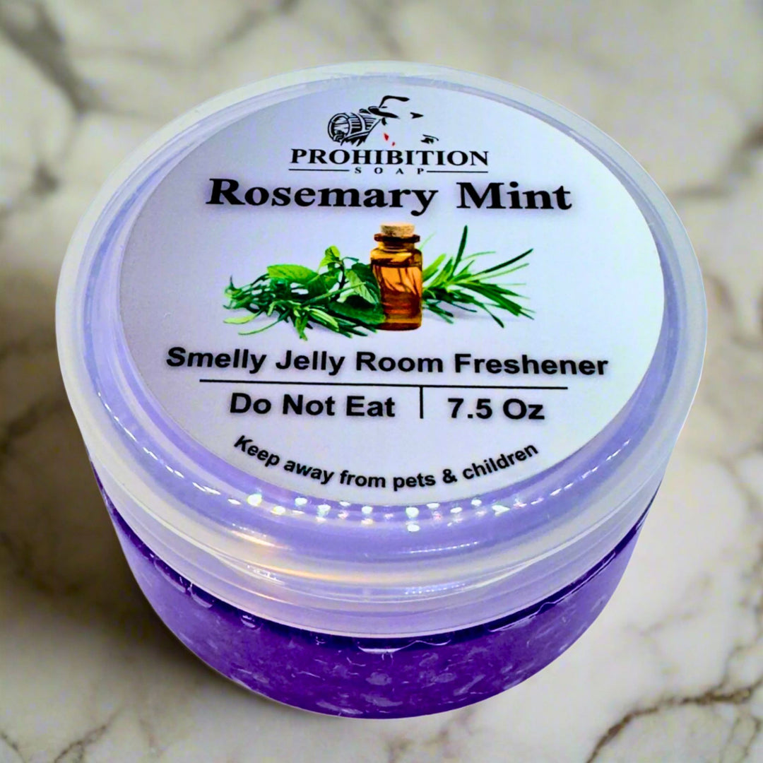 Rosemary Mint Smelly Jelly Room Freshner on counter  -  prohibitionsoap.com