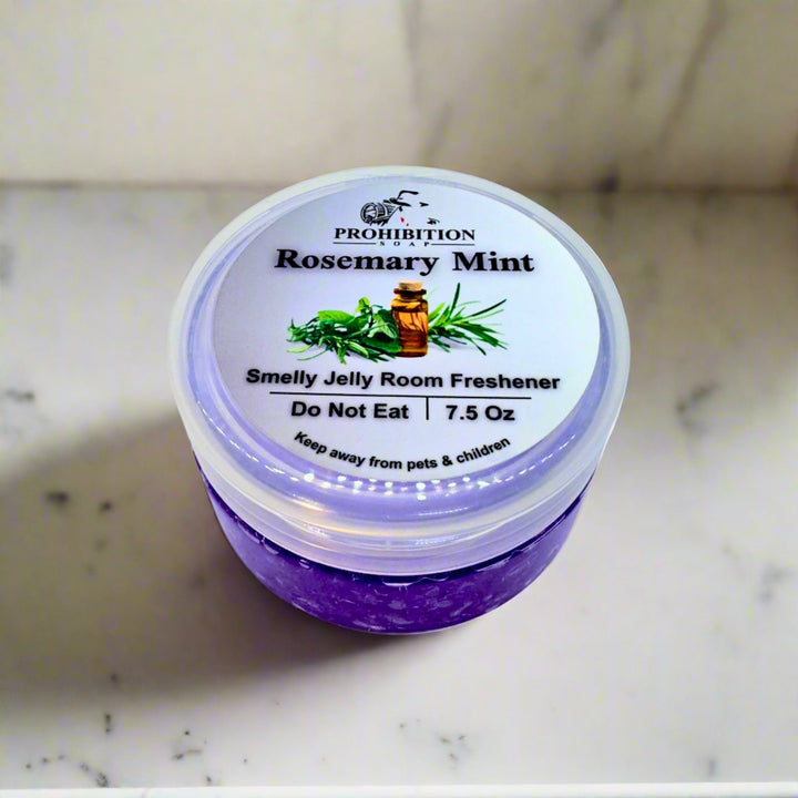 Rosemary Mint Smelly Jelly Room Freshner on counter  -  prohibitionsoap.com