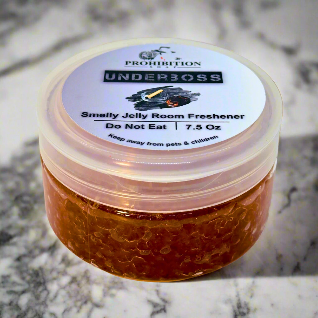 Underboss Smelly Jelly Room Fragrance sitting on sink - prohibitionsoap.com