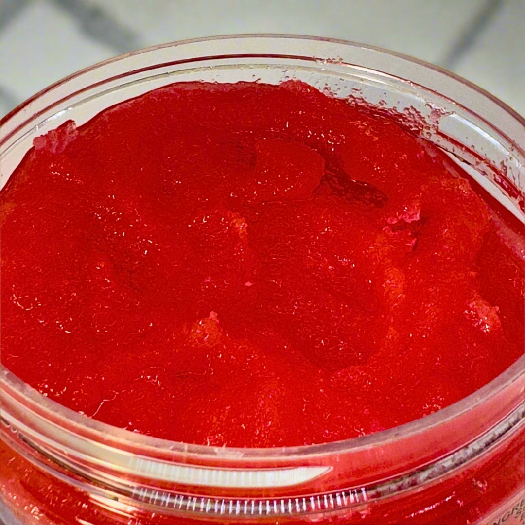 Strawberry Martini Sugar Scrub Up Close On Counter - prohibitionsoap.com