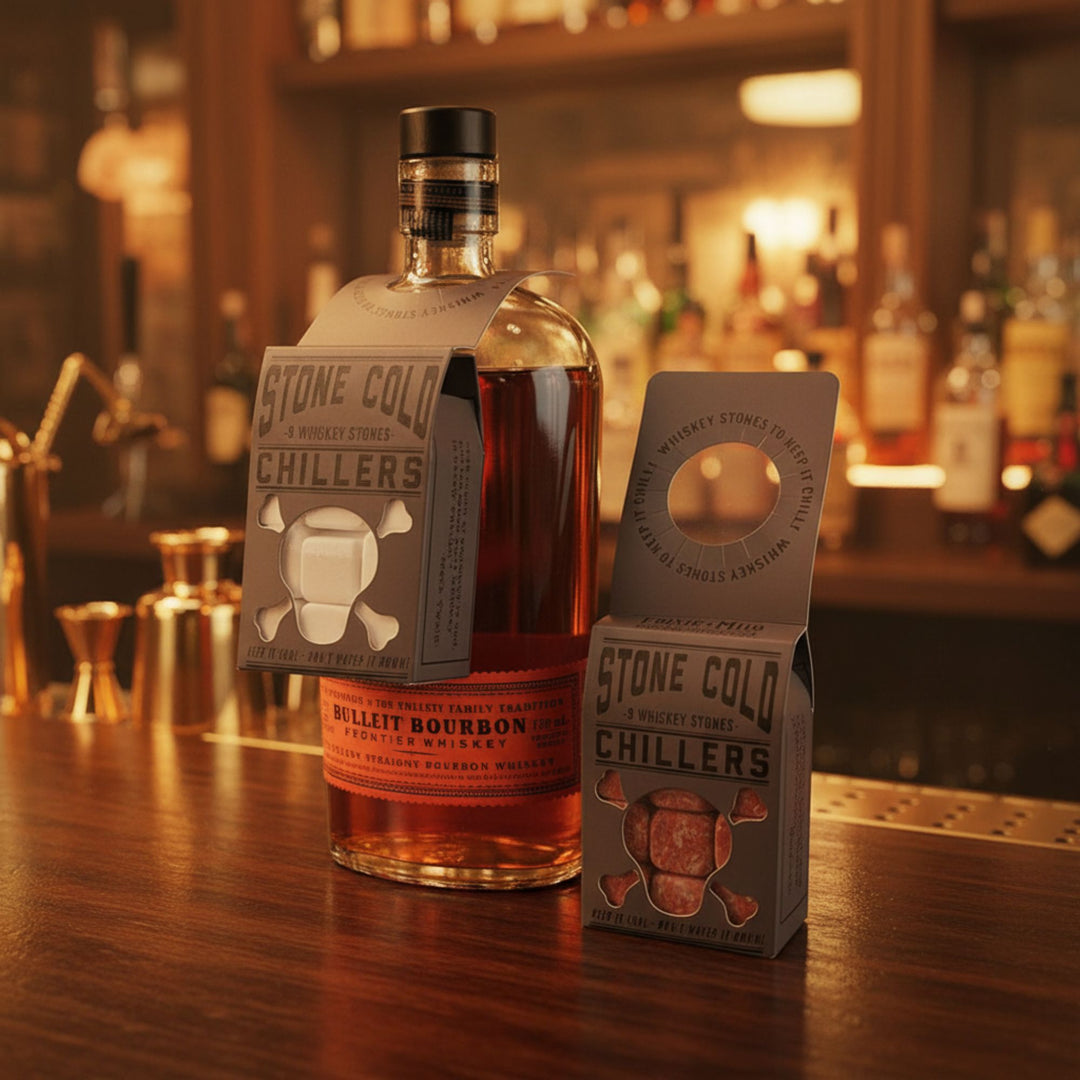 Bottle of whiskey with 'Stone Cold Chillers' packaging on a bar counter.