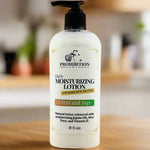 Prohibition Soap Daily Moisturizing Lotion in Citrus and Sage scent with 8 fl oz pump bottle on blurred kitchen counter background, showing natural lotion enhanced with jojoba oil, aloe vera and vitamin E