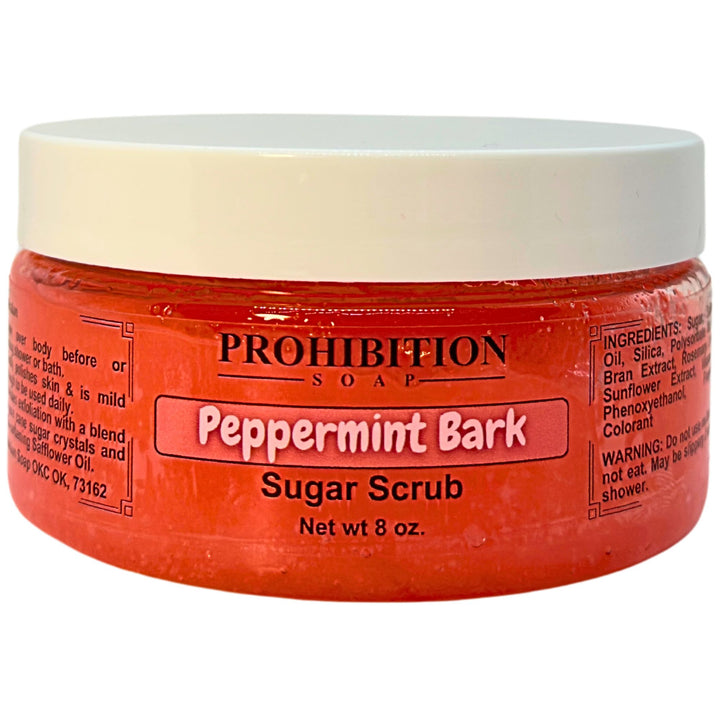 Peppermint Bark Sugar Scrub On White Background - prohibitionsoap.com