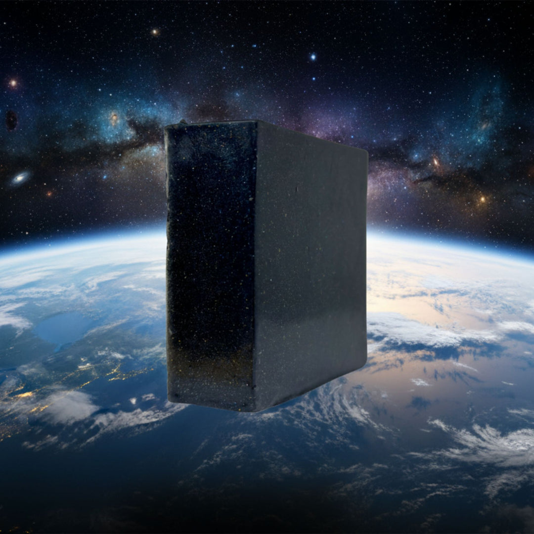 Black soap floating over Earth with a starry space background