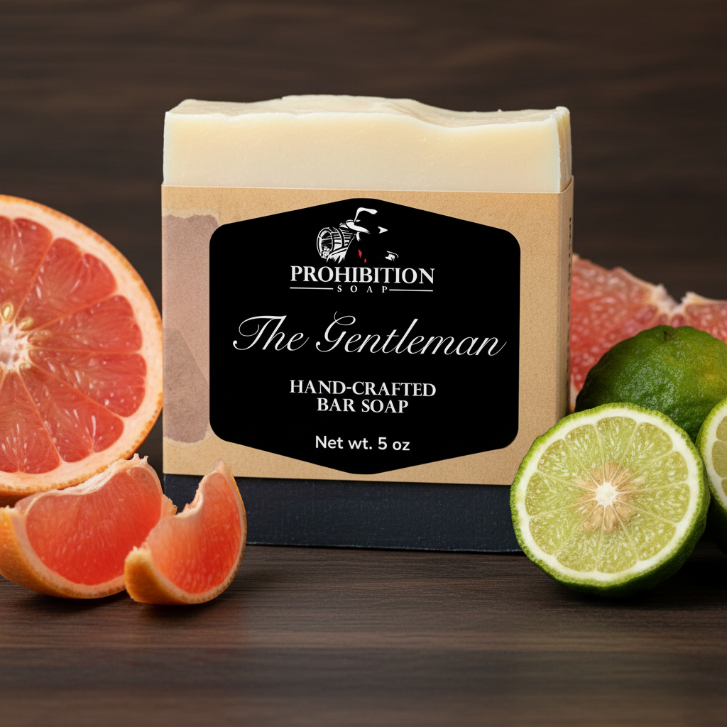 Bar of soap with 'Prohibition Soap' packaging surrounded by grapefruit and lime on a wooden surface.